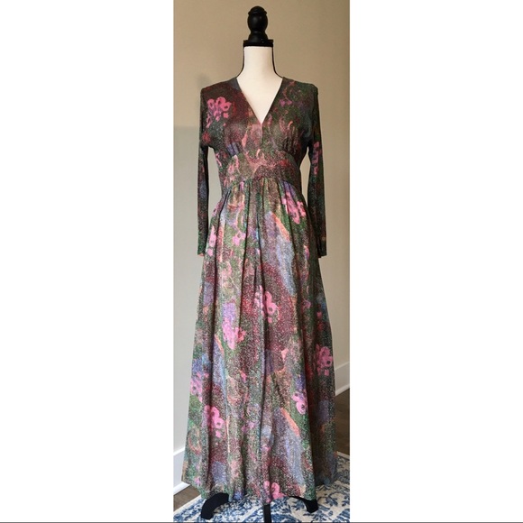 Vintage 70s Shimmer Abstract Maxi Dress - Picture 2 of 9